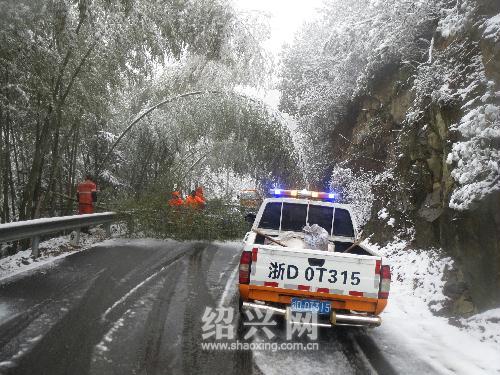 南部山区积雪压断毛竹、树枝阻路 公路部门抢